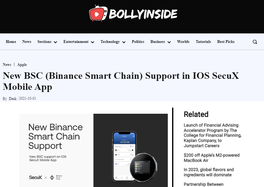 Bolly Inside SecuX New Features Press Release
