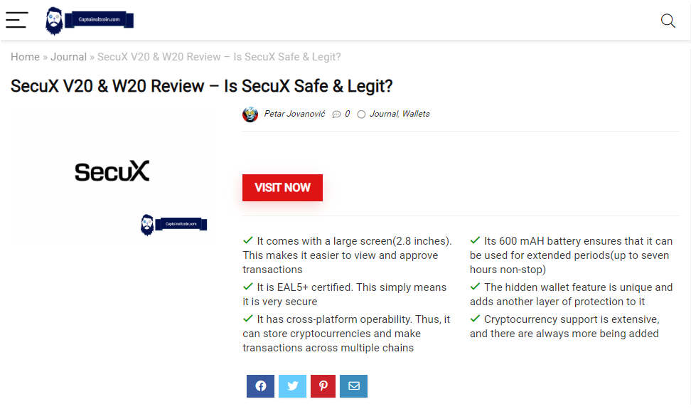 Captainaltcoin SecuX V20 & W20 Review