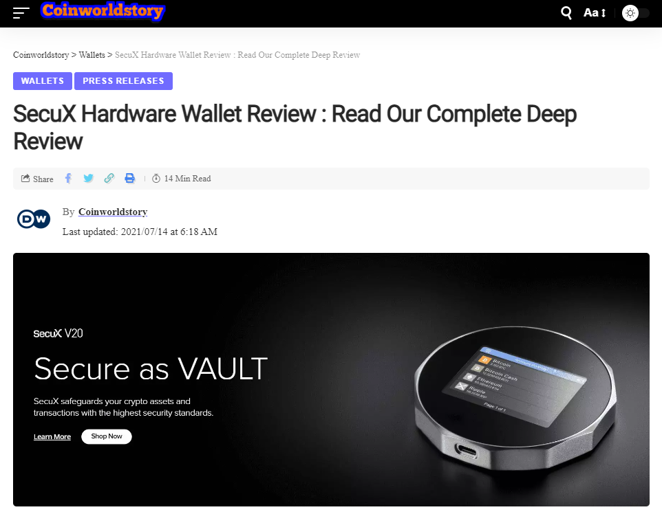 Coinworldstory: SecuX V20 & W20 Review