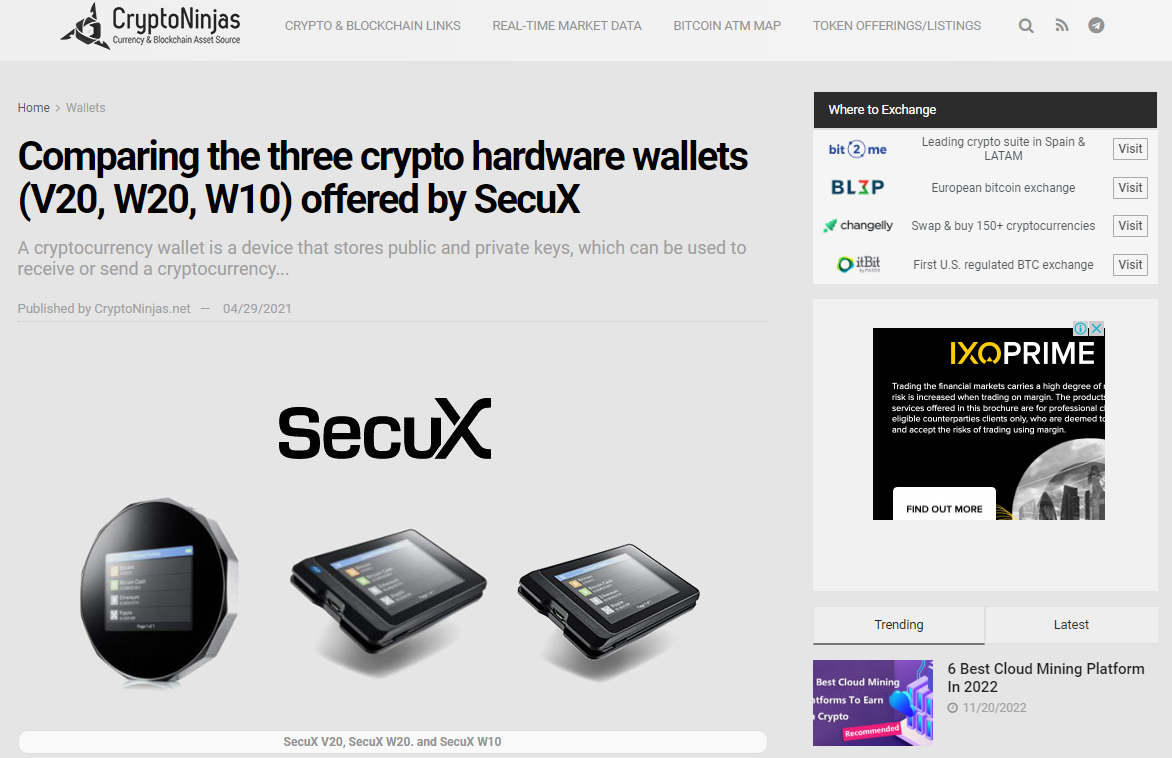 Crypto Ninjas: Comparing Models—SecuX V20, W20, and W10 Hardware Wallets