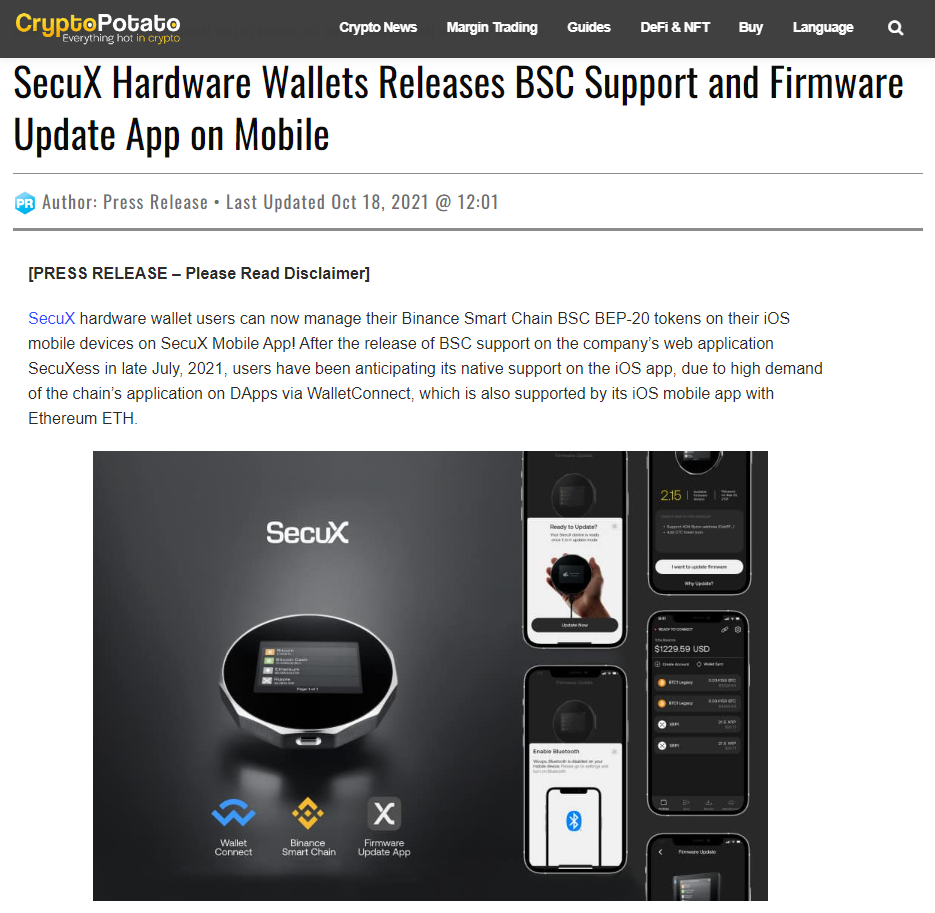 Crypto Potato SecuX New Features Press Release