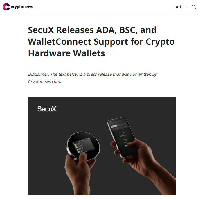 CryptoNews SecuX New Features Press Release