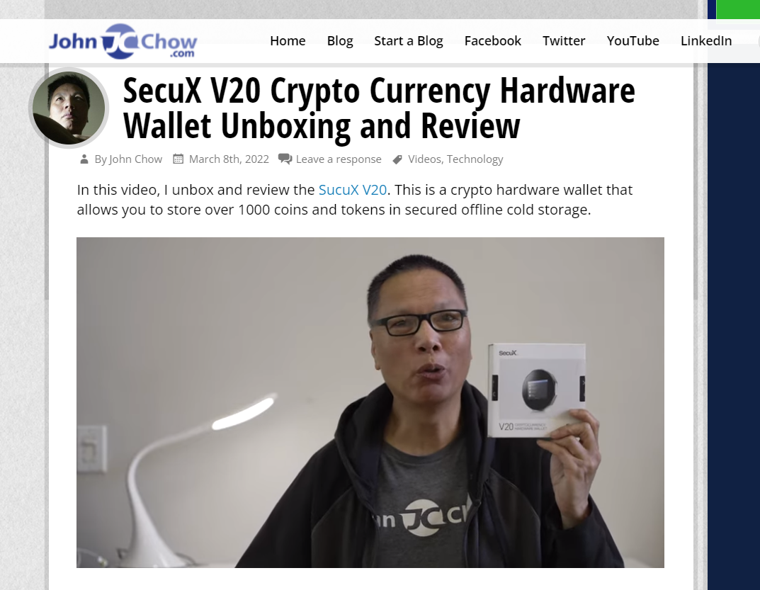 John Chow dot Com SecuX V20 Review