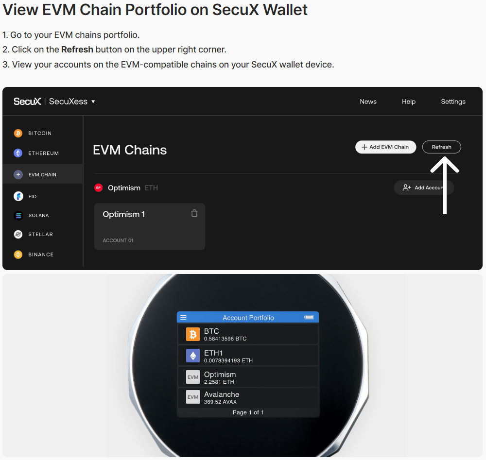 View and manage EVM cross chain portfolio on SecuXess web app and see balance on SecuX crypto wallet hardware wallet
