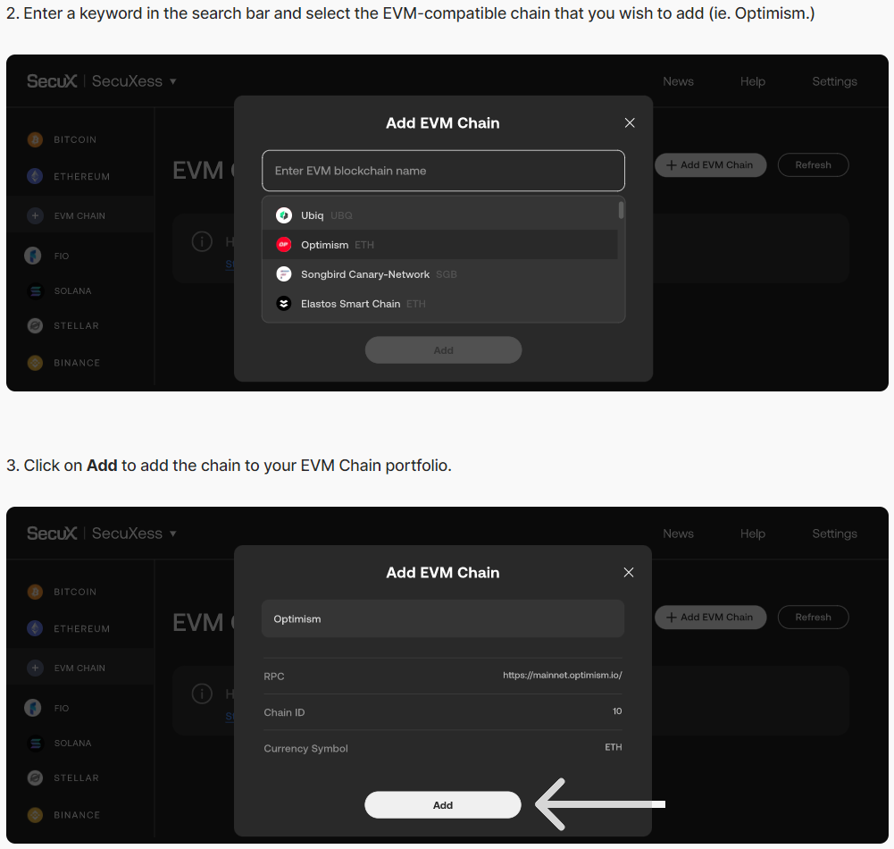 Search add EVM compatible chain via best crypto wallet hardware wallet web app SecuXess