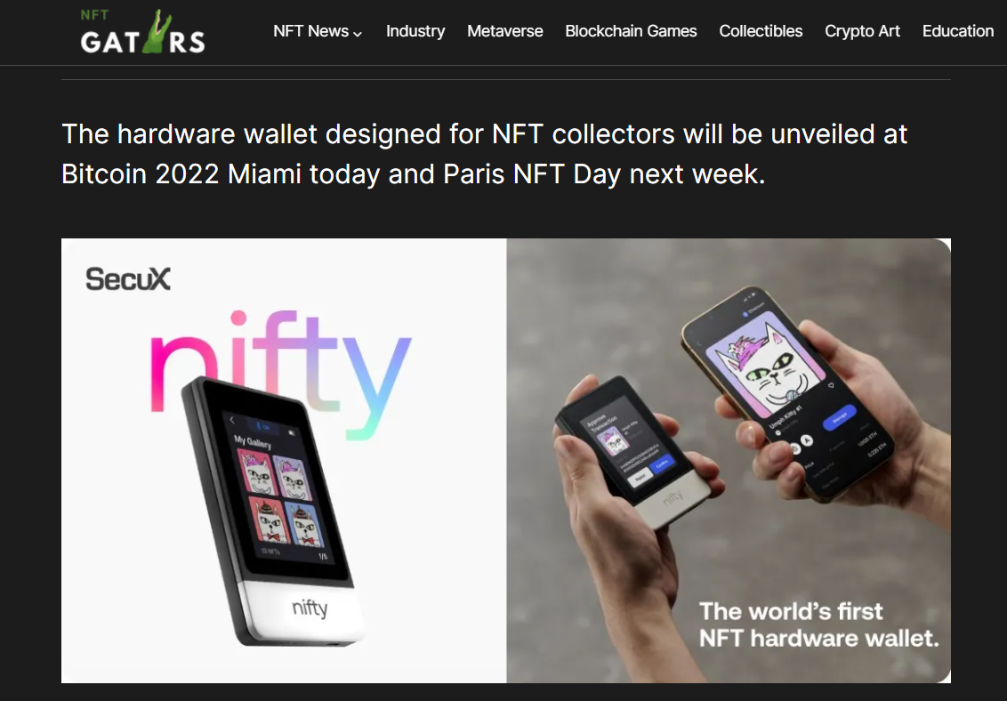NFT Gators SecuX Nifty Press Release