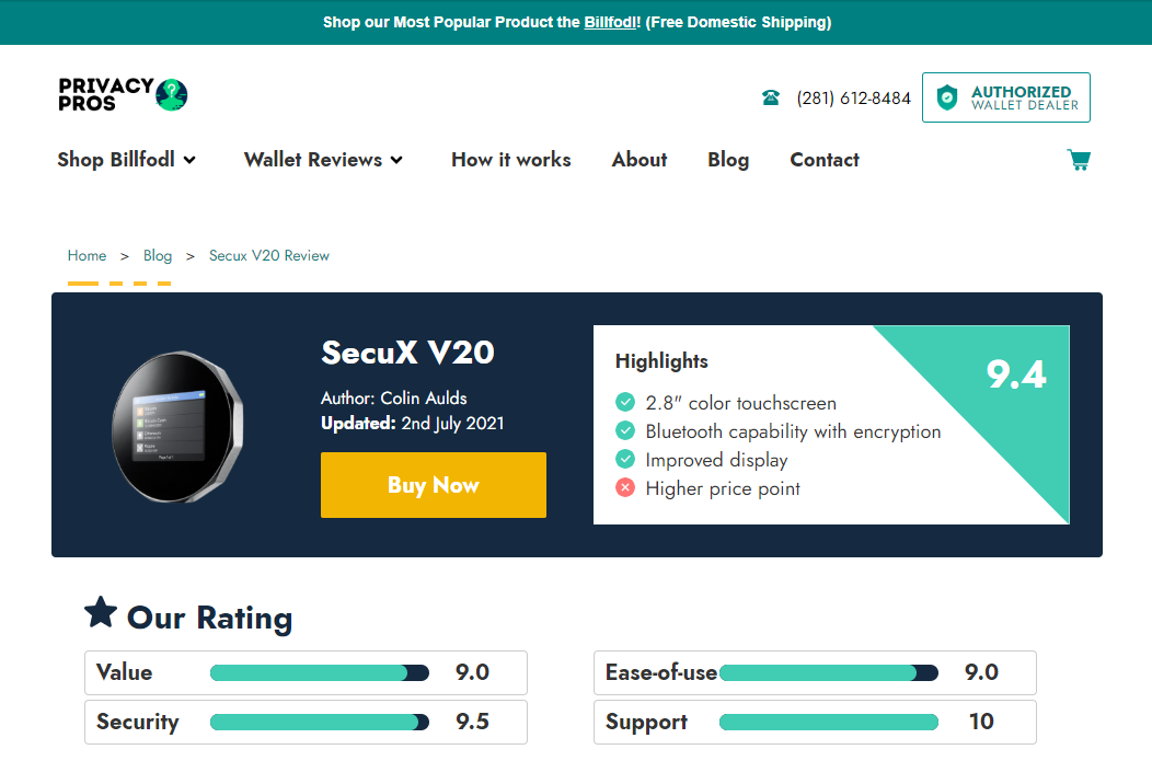 Privacy Pros Billfodl: SecuX V20 Review