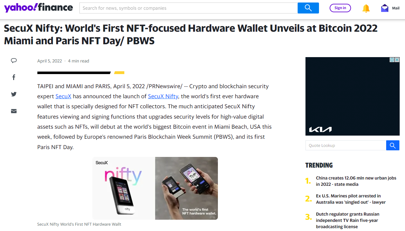 Yahoo Finance SecuX Nifty Press Release